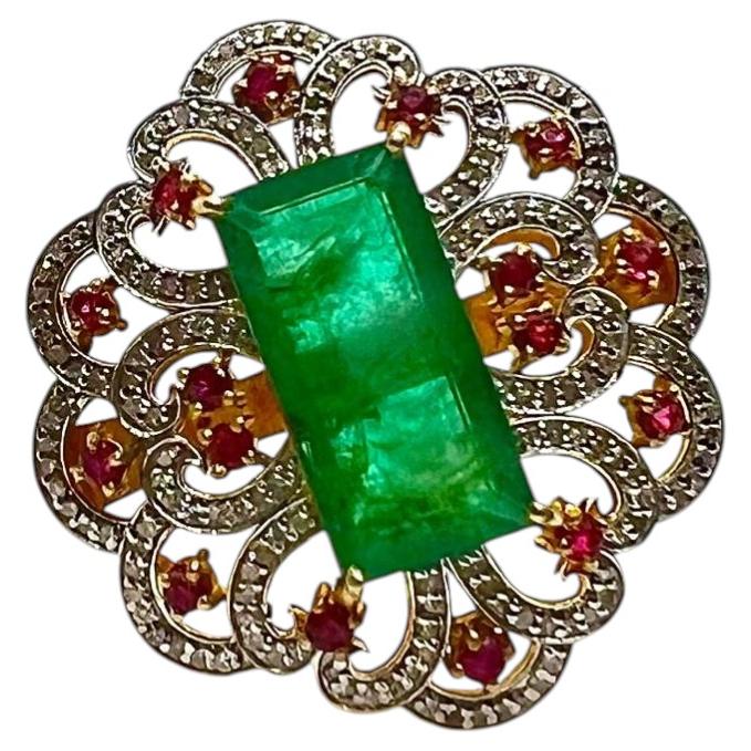 Bochic “Capri” Vintage Emerald, Diamond & Ruby Cocktail Ring 18K Gold & Silver