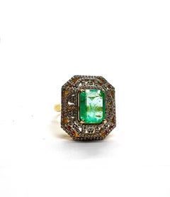 Bochic "Capri" Anello da cocktail con smeraldo e diamanti d'epoca in oro e argento 18 carati