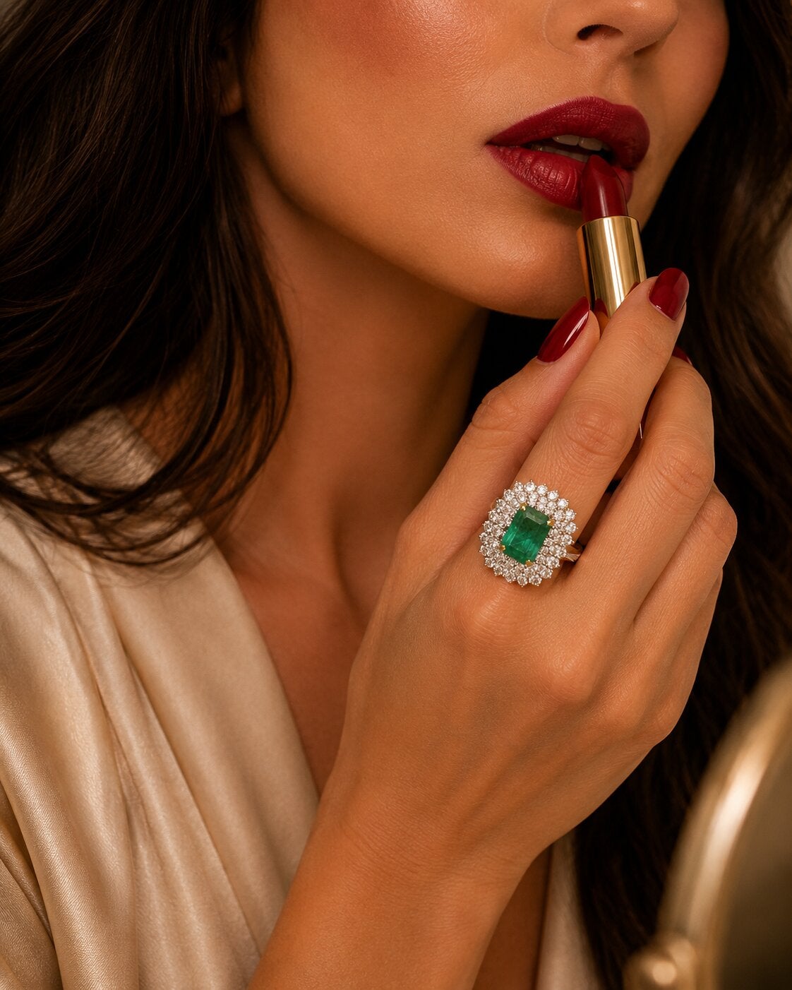 Bochic "Capri" Vintage Emerald & Diamonds Cocktail Ring 18K Gold & Silver en vente