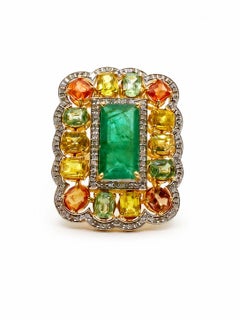 Bochic “Capri” Vintage Emerald & Fancy Sapphire Cocktail Ring 18K Gold & Silver