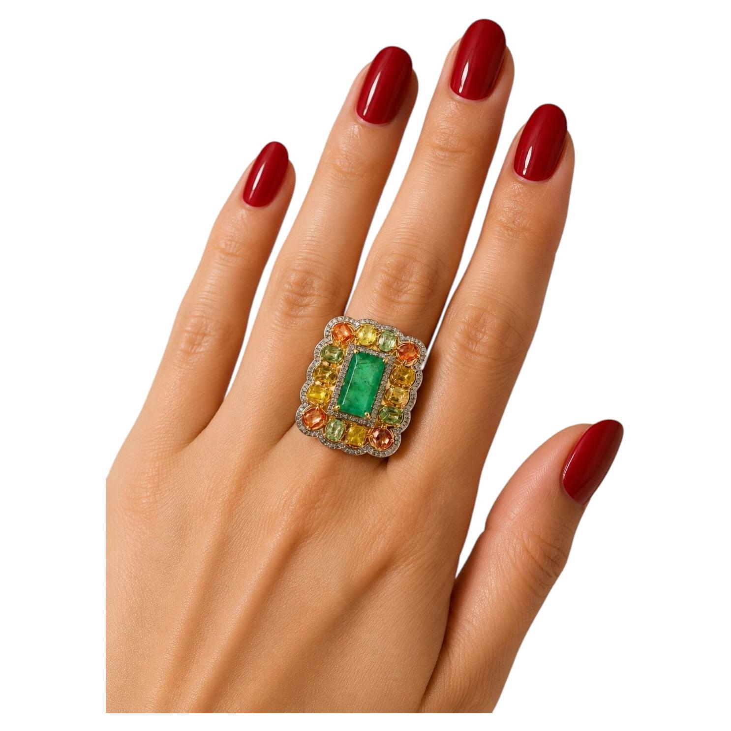 Bochic "Capri" Vintage Smaragd & Fancy Saphir Cocktail Ring 18K Gold & Silber im Angebot