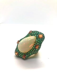 Bochic “Capri” Vintage Emerald, Opal & Orange Sapphire Cocktail Ring — 18K Gold