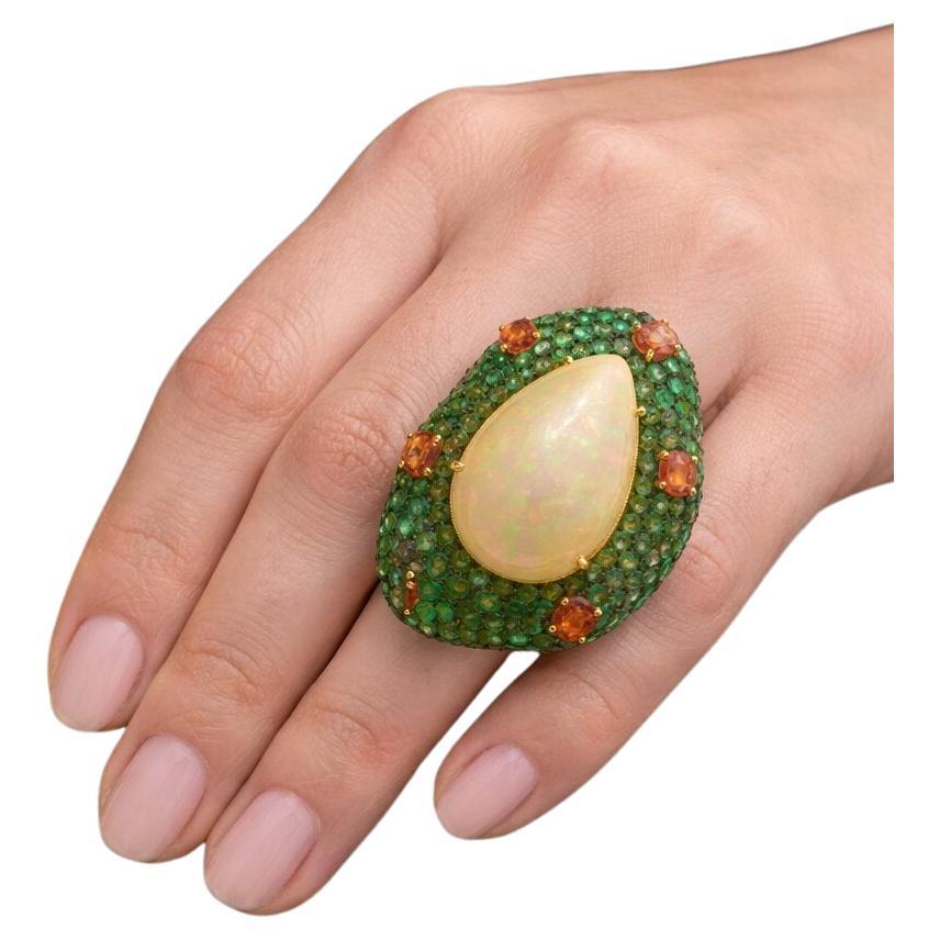 Bochic "Capri" Vintage Smaragd, Opal & Orange Saphir Cocktail Ring - 18K Gold