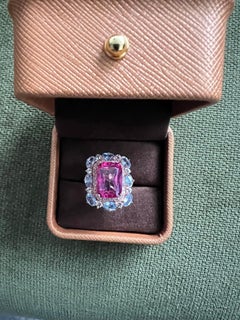 Bochic “Capri” Vintage Emerald Pink Topaz, Diamond & Tanzanite Ring Set 18K Gold