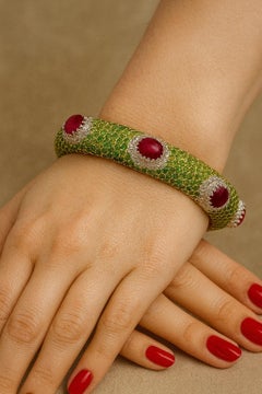 Bochic “Capri” Vintage Emerald, Ruby & Diamond Bangle Set In 18K Gold & Silver