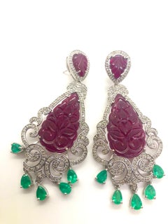 Pendientes Bochic "Capri" Vintage Esmeralda, Rubí y Diamante Engastados en Oro de 18K y Silv