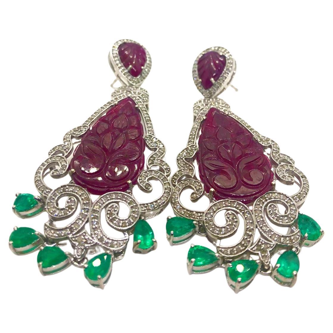 Bochic “Capri” Vintage Emerald, Ruby & Diamond Earrings Set In 18K Gold & Silv For Sale