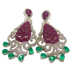 Bochic “Capri” Vintage Emerald, Ruby & Diamond Earrings Set In 18K Gold & Silv