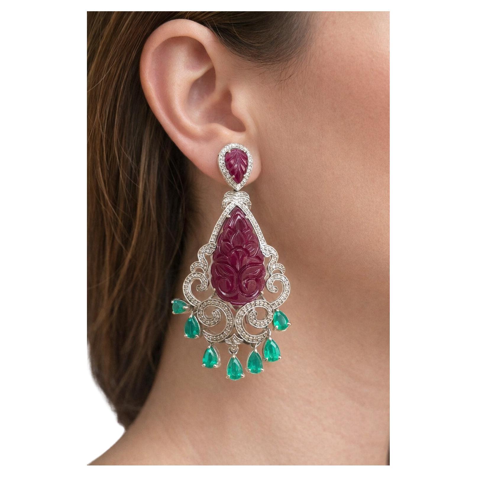 Bochic “Capri” Vintage Emerald, Ruby & Diamond Earrings Set In 18K Gold & Silv