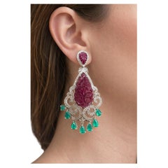 Pendientes Bochic "Capri" Vintage Esmeralda, Rubí y Diamante Engastados en Oro de 18K y Silv