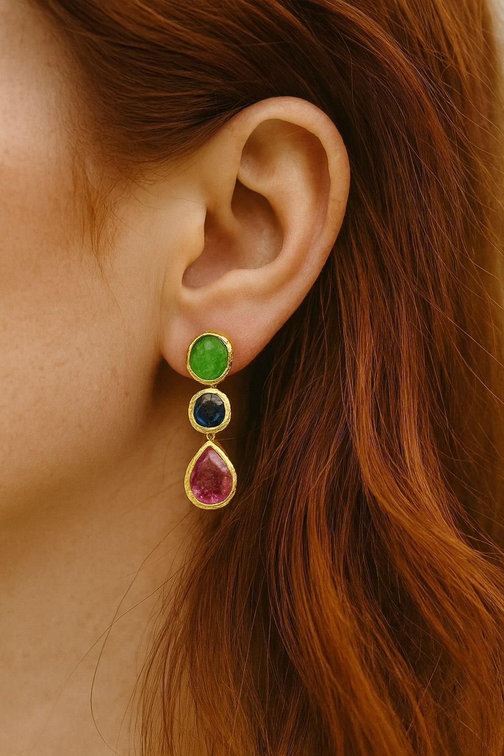 Bochic “Capri” Vintage Emerald, Ruby & Sapphire Earrings Set 18K Gold & Silver For Sale 6