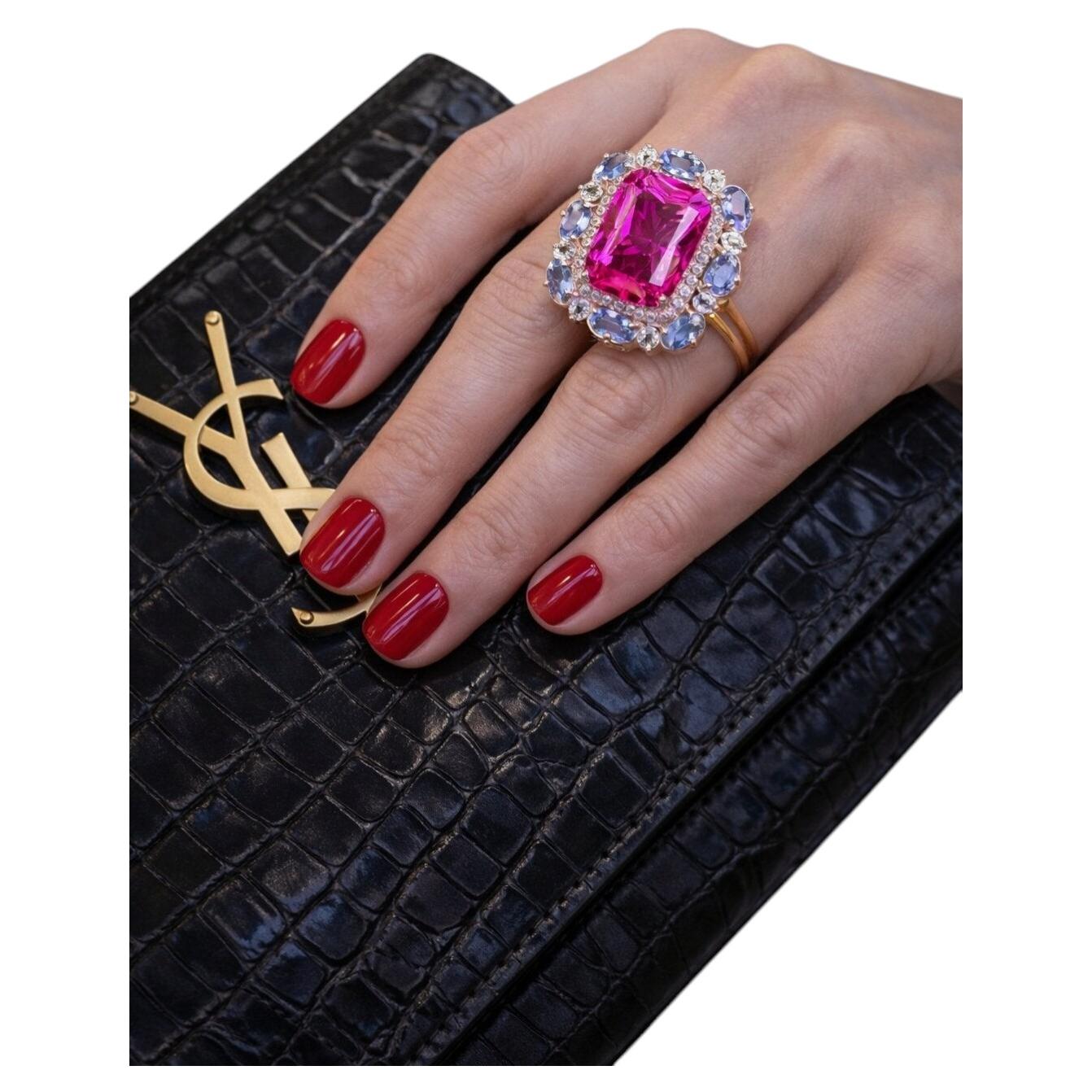 Bochic "Capri" Vintage Smaragd Form rosa Topas & Tansanit - 18K Gold & Silber im Angebot