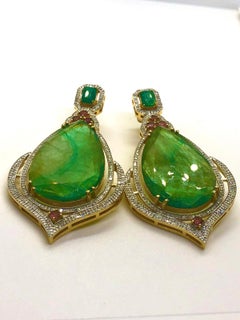 Pendientes Bochic "Capri" Vintage Esmeralda, Turmalina y Diamantes Engastados en Oro de 18K y