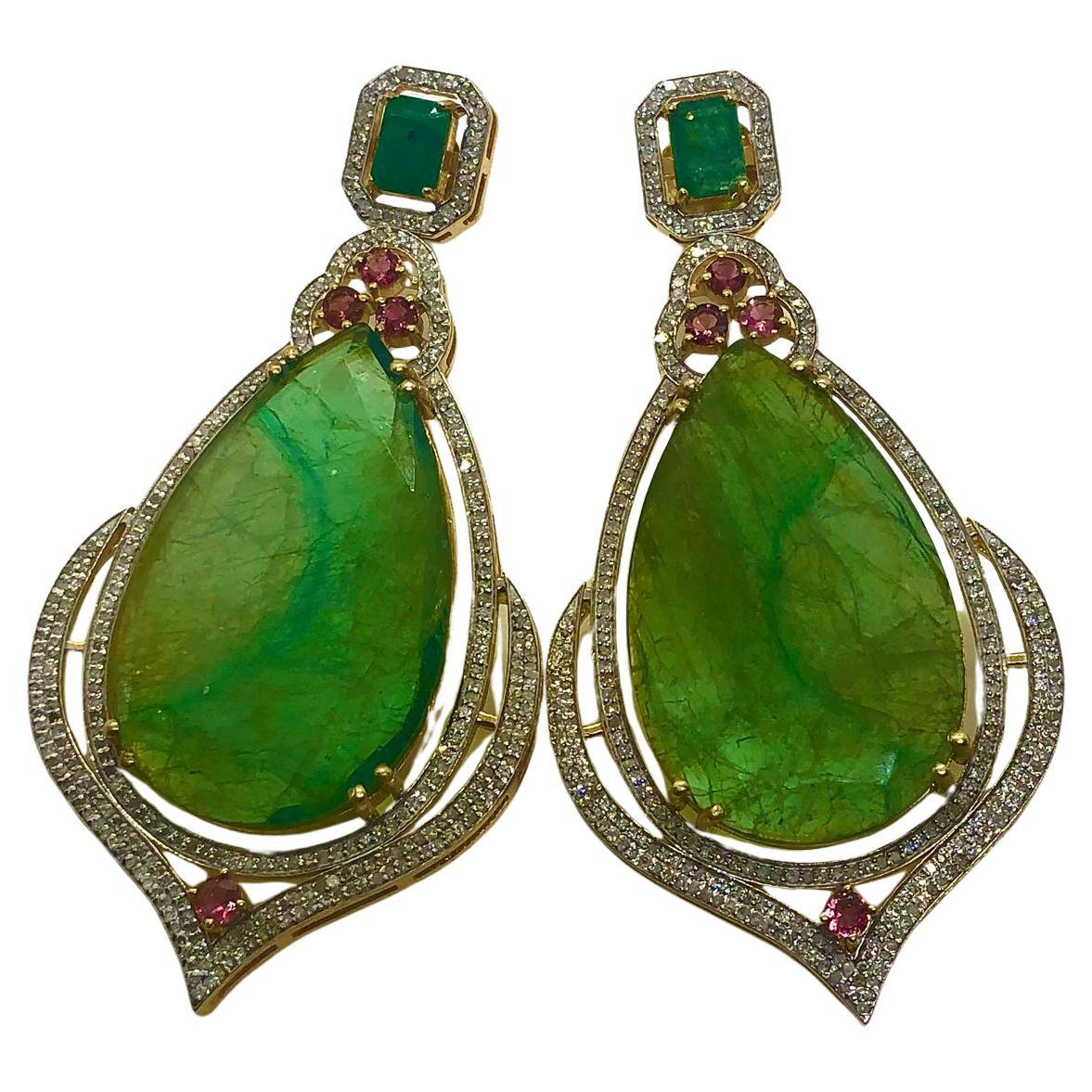 Bochic “Capri” Vintage Emerald, Tourmaline & Diamond Earrings Set In 18K Gold &
