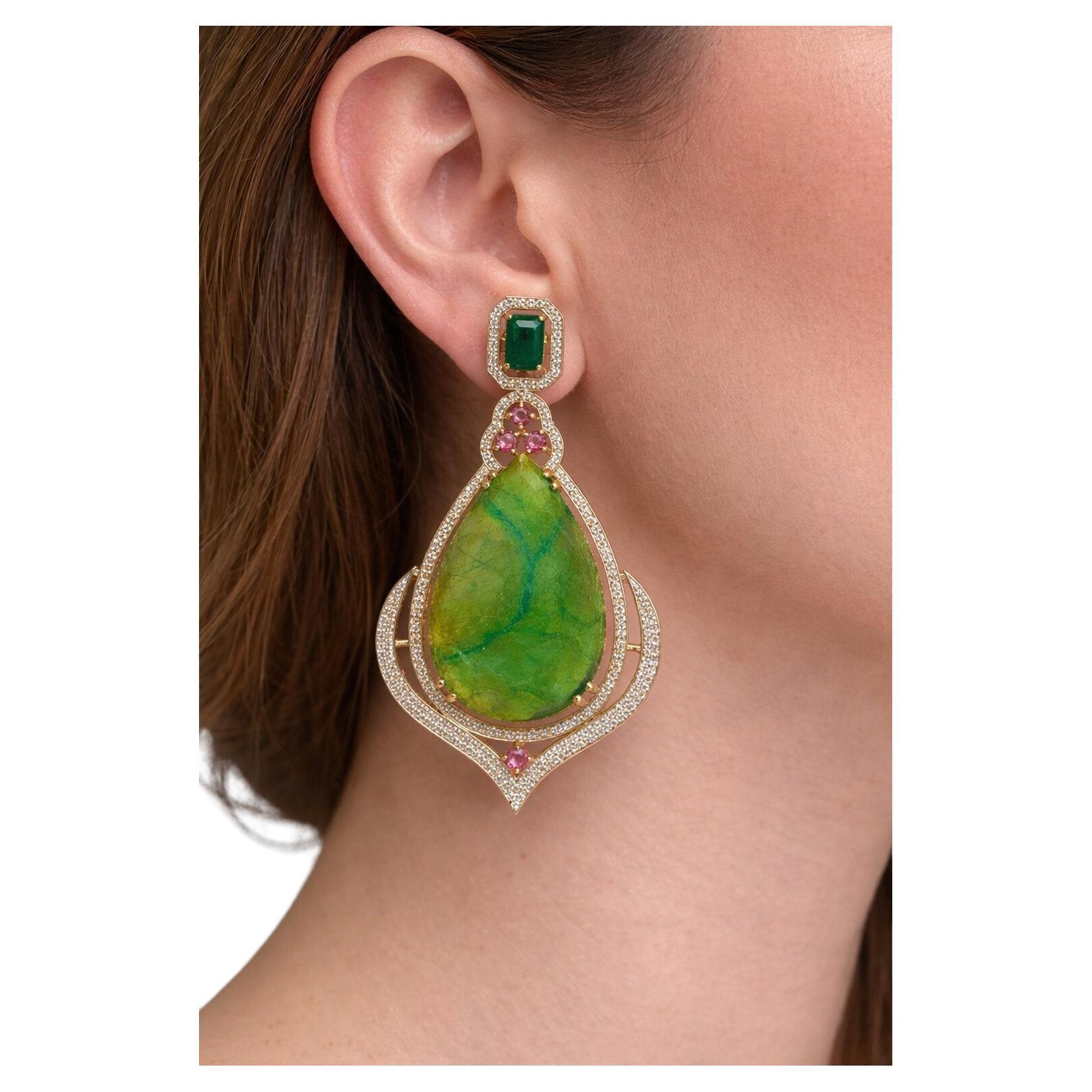 Bochic “Capri” Vintage Emerald, Tourmaline & Diamond Earrings Set In 18K Gold &