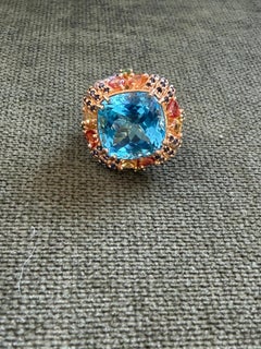 Anello da cocktail con zaffiro e topazio blu vintage di Bochic "Capri" - Oro 18 carati e acciaio.
