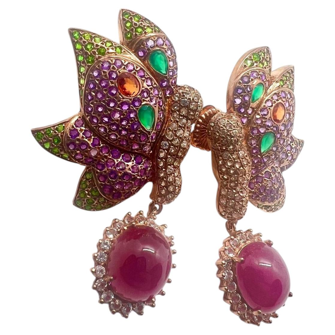 Bochic “Capri” Vintage Fancy Sapphire, Ruby & Emerald Earrings - 18K Gold & Silv For Sale