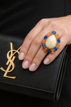 Bochic “Capri” Vintage Fire Opal, Kyanite & Diamond Cocktail Ring - 18K Gold & S