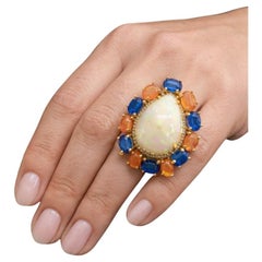 Bochic “Capri” Vintage Fire Opal, Kyanite & Diamond Cocktail Ring - 18K Gold & S