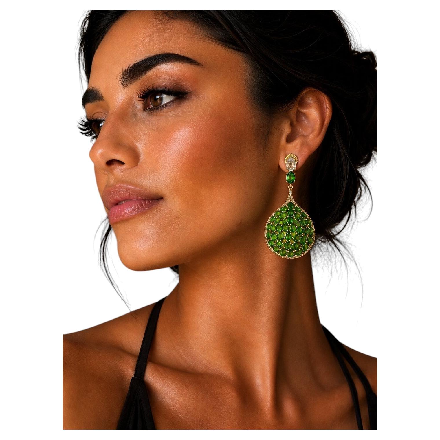 Bochic “Capri” Vintage Green Diopside & White Sapphire Earring - 18K Gold & Silv For Sale