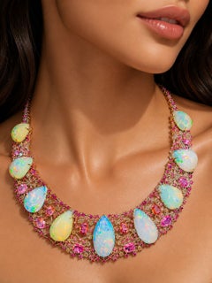 Bochic Capri Vintage Italian Fire Opal, Emerald, Sapphire & Diamond Necklace
