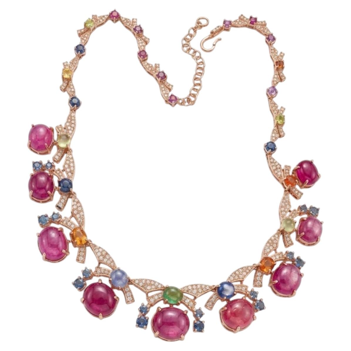 Bochic “Capri” Vintage Italian Ruby & Sapphire Necklace - 18K Gold & Silver
