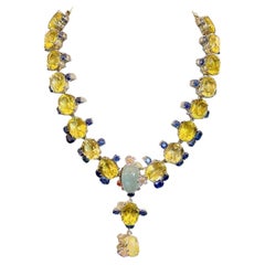 Bochic “Capri” Vintage Lemon Quartz, Aquamarine & Sapphire Necklace Set 18K & S