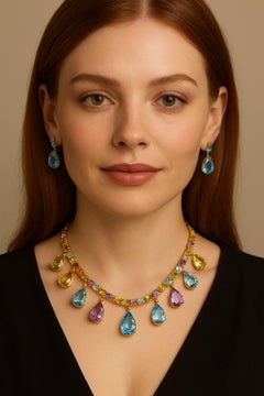 Bochic “Capri” Vintage Multi Color Gem Necklace Set In 18K & Gold Silver