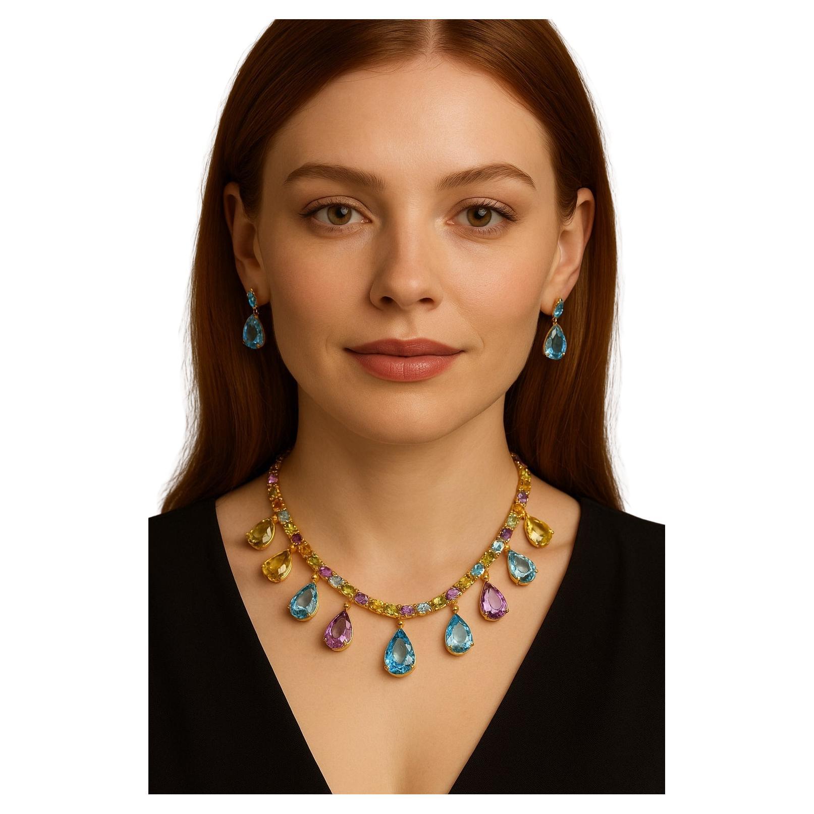 Bochic "Capri" Vintage Multi Color Gem Necklace Set In 18K
Gold Silver