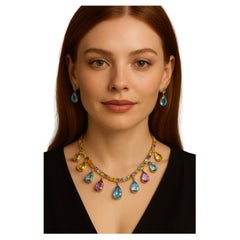 Bochic “Capri” Vintage Multi Color Gem Necklace Set In 18K & Gold Silver