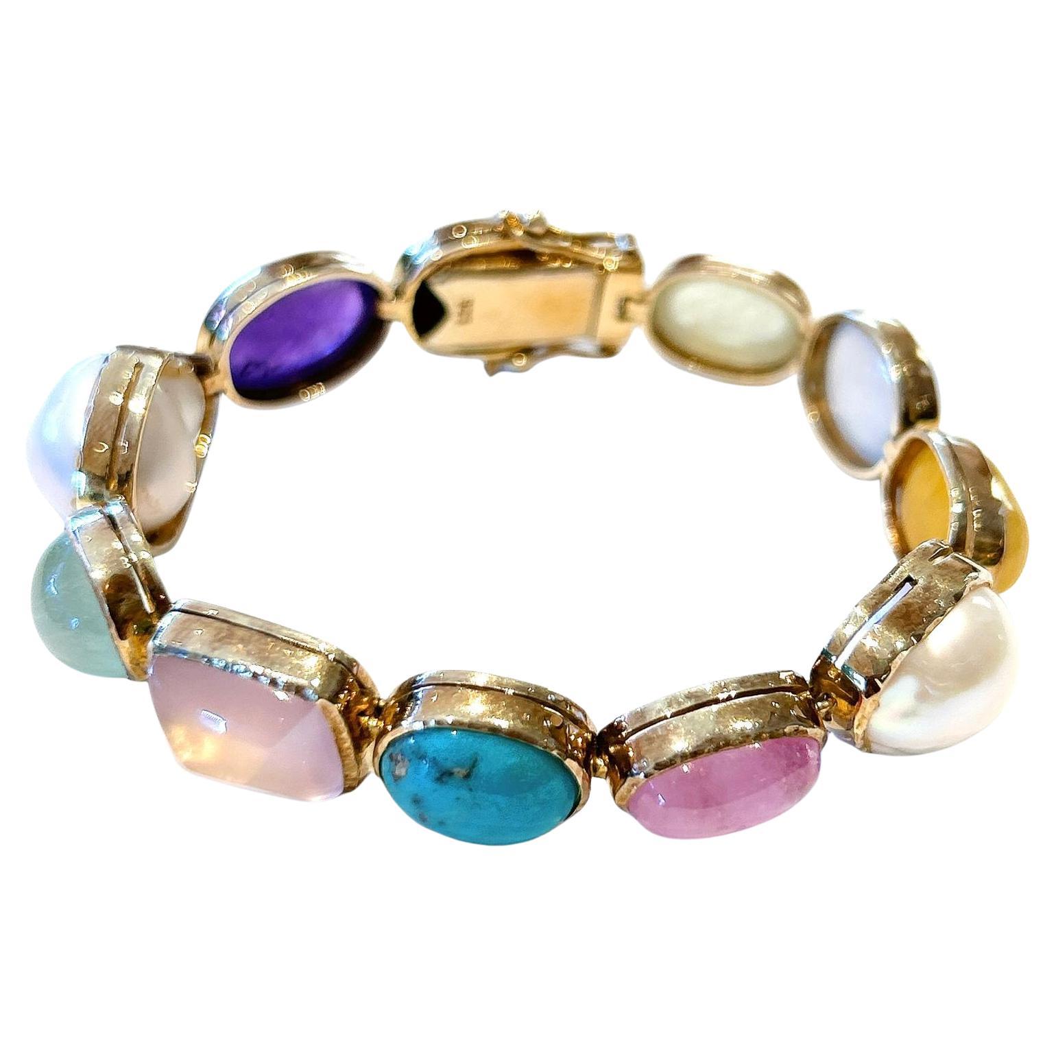 Bochic "Capri" Bracciale vintage con gemme e perle multicolore incastonate a 18 carati e in argento.