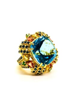 Anello da cocktail vintage con zaffiro e topazio blu multi-fantasia - 18 carati G