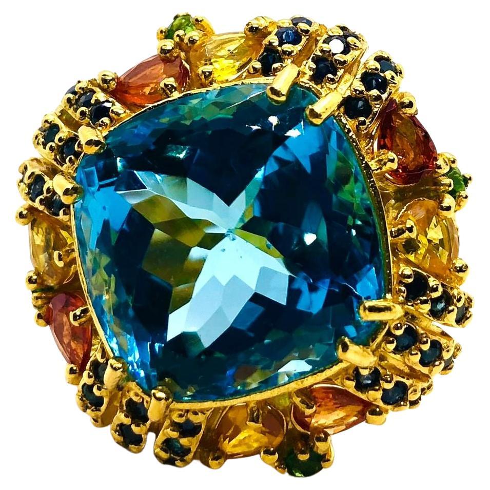 Bochic “Capri” Vintage Multi Fancy Sapphire and Blue Topaz Cocktail Ring — 18K G
