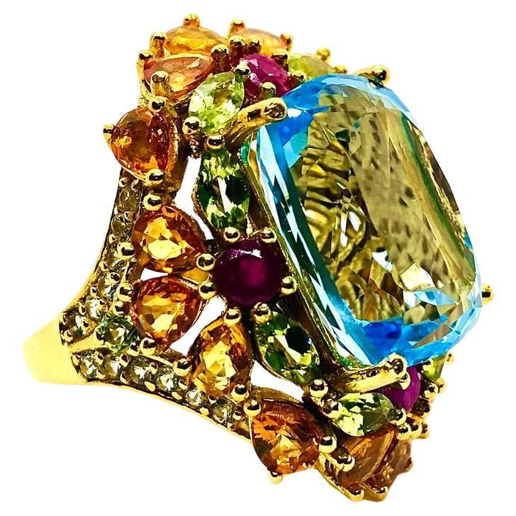Bochic “Capri” Vintage Multi Fancy Sapphire and Blue Topaz Cocktail Ring — 18K G