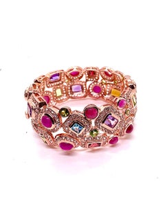 Bochic “Capri” Vintage Multi-Gem Bangle Natural Ruby, Sapphire & Peridot • 18K G