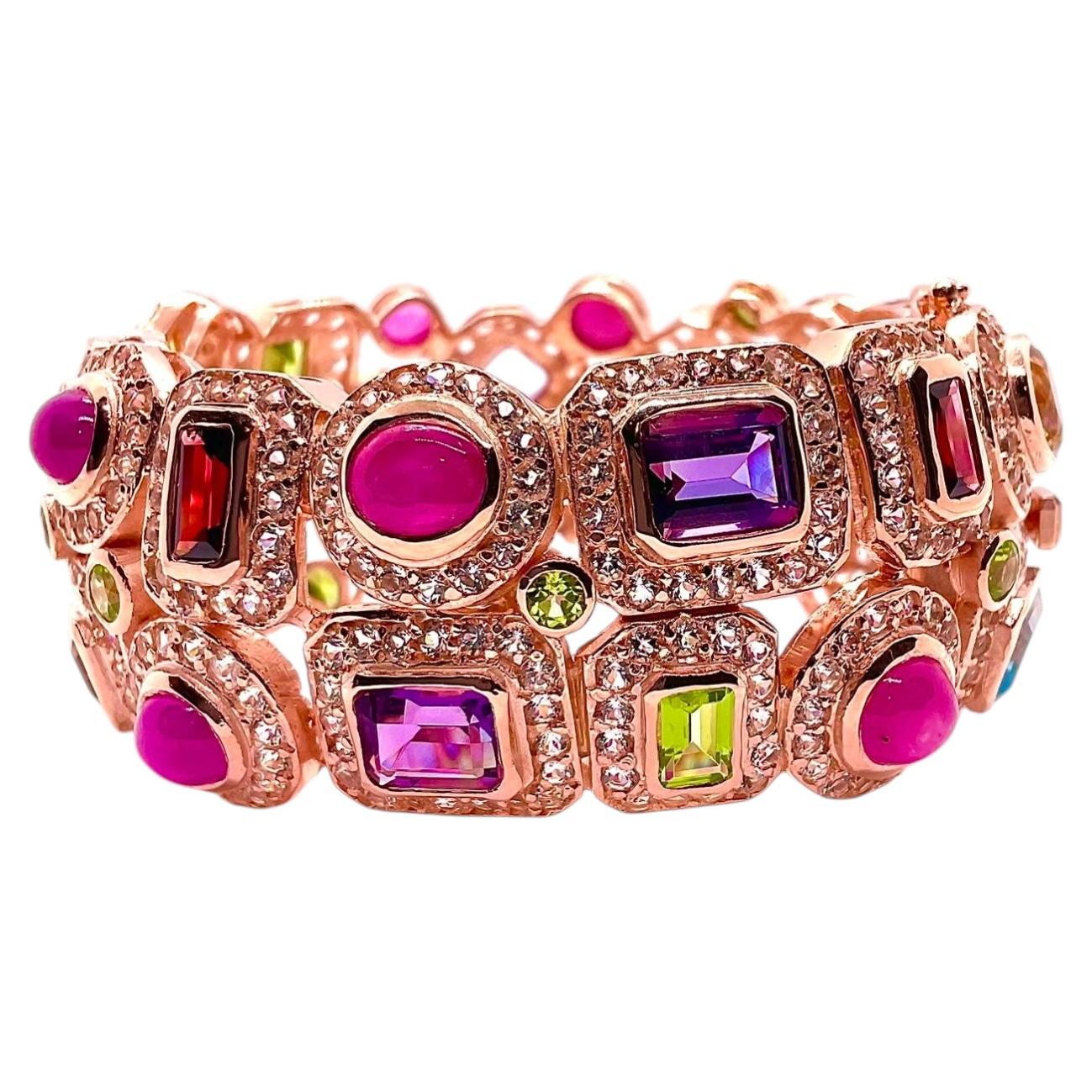 Bochic “Capri” Vintage Multi-Gem Bangle Natural Ruby, Sapphire & Peridot • 18K G