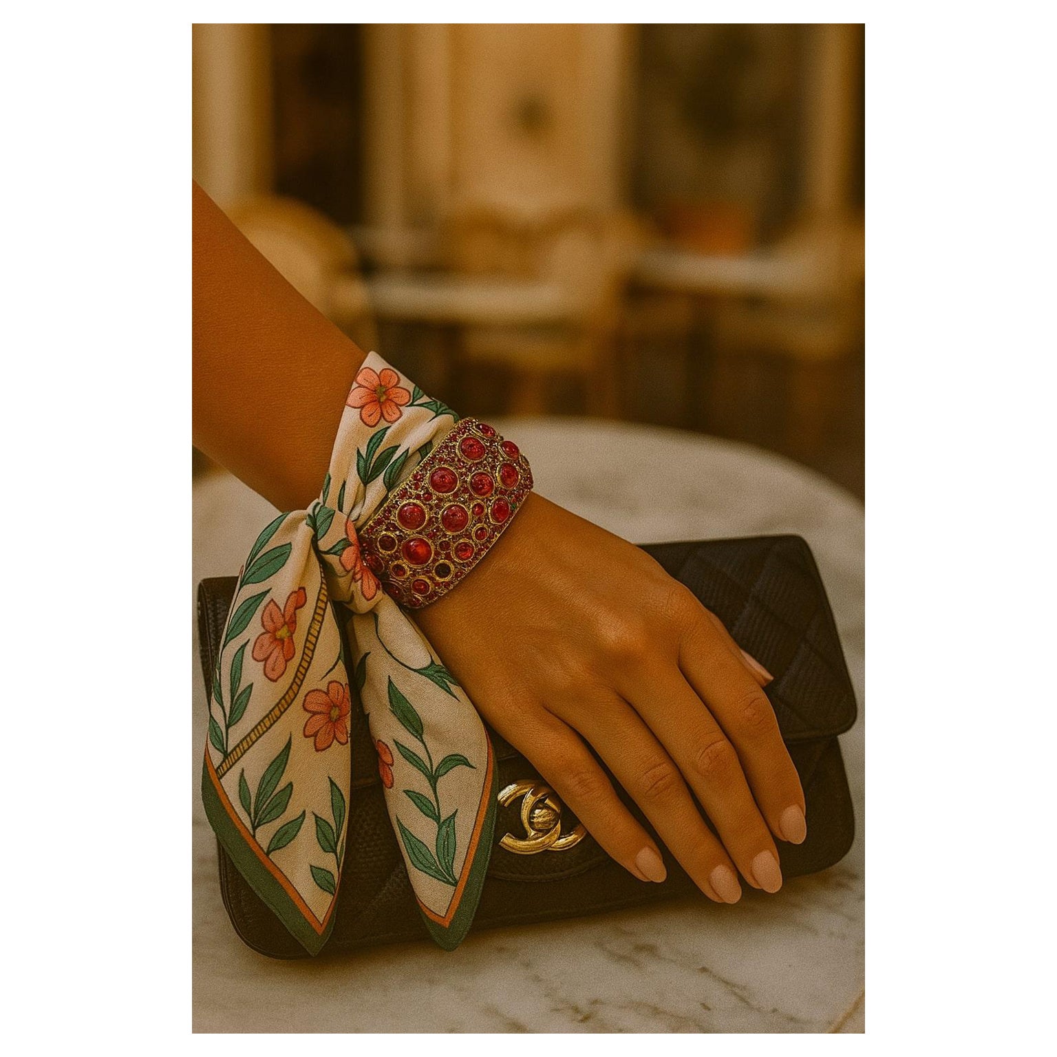 Juego de brazalete vintage Bochic "Capri" de oro de 18 quilates y plata con múltiples rubíes y esmeraldas en venta