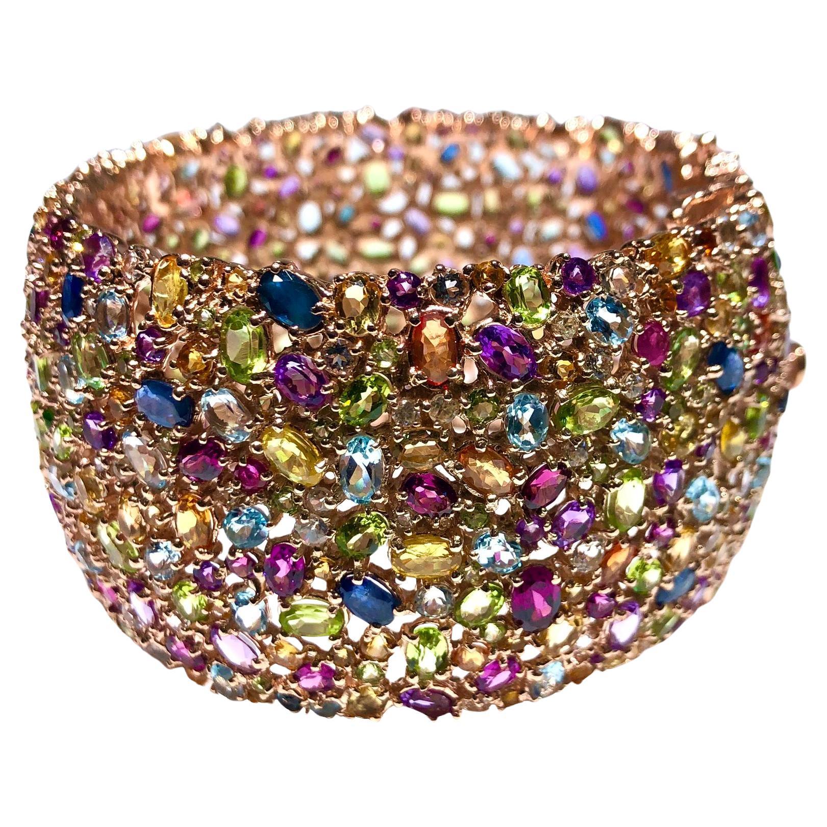 Bochic “Capri” Vintage Multi Sapphire & Multi Gem Bangle Set  18K Gold & Silver