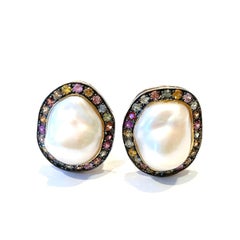 Bochic “Capri” Vintage Multi Sapphire & Pearl Earrings Set In 18K Gold & Silver