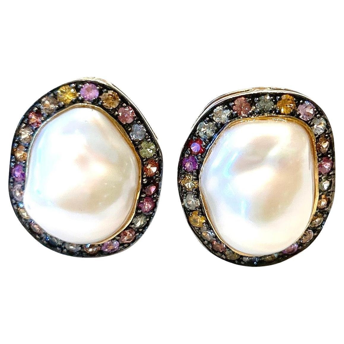 Orecchini vintage con zaffiri multipli e perle di Bochic "Capri" in oro e argento 18 carati