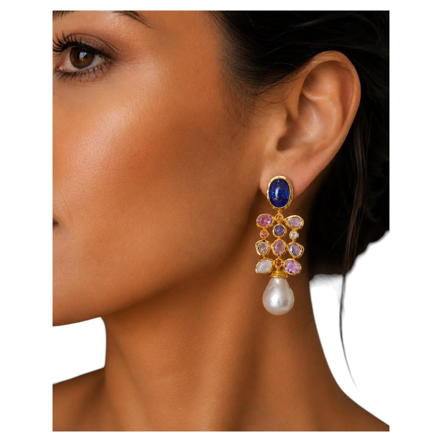 Pre-owned Bochic �capri� Vintage Multi Sapphire & Ruby Earrings Set In 18k Gold & Silver In Blue