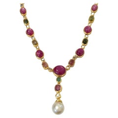 Juego de collar Bochic "Capri" Vintage Multi Zafiros y Rubíes Oro de 18 quilates y Plata