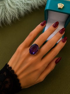 Anello Bochic “Capri” vintage con ametista naturale e diamanti, in oro 18 carati e argento