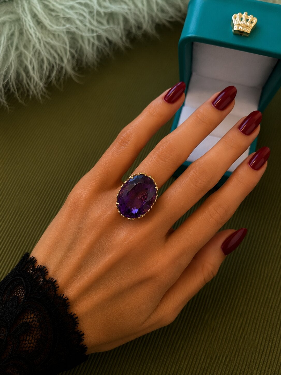 Anello Bochic “Capri” vintage con ametista naturale e diamanti, in oro 18 carati e argento