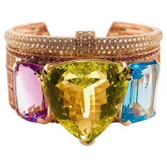 Bochic ‘Capri’ Vintage Natural Amethyst, Lemon Topaz & Blue Topaz Bangle In 18K