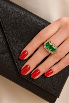 Bochic “Capri” Vintage Natural Diamond & Emerald  Retro Ring Set In 18K Gold & S