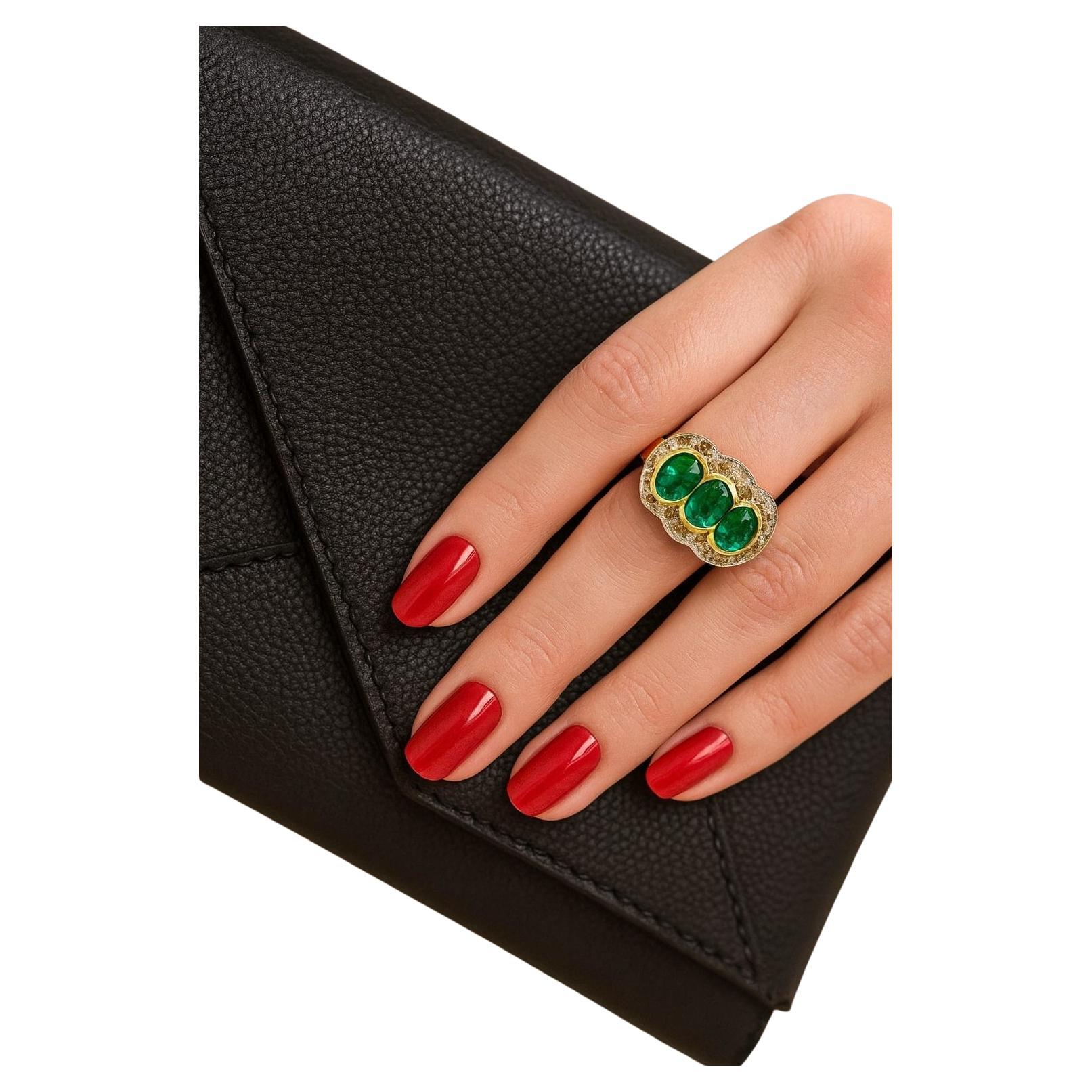 Bochic "Capri" Vintage Natürlicher Diamant & Smaragd  Retro Ring Set aus 18K Gold & S