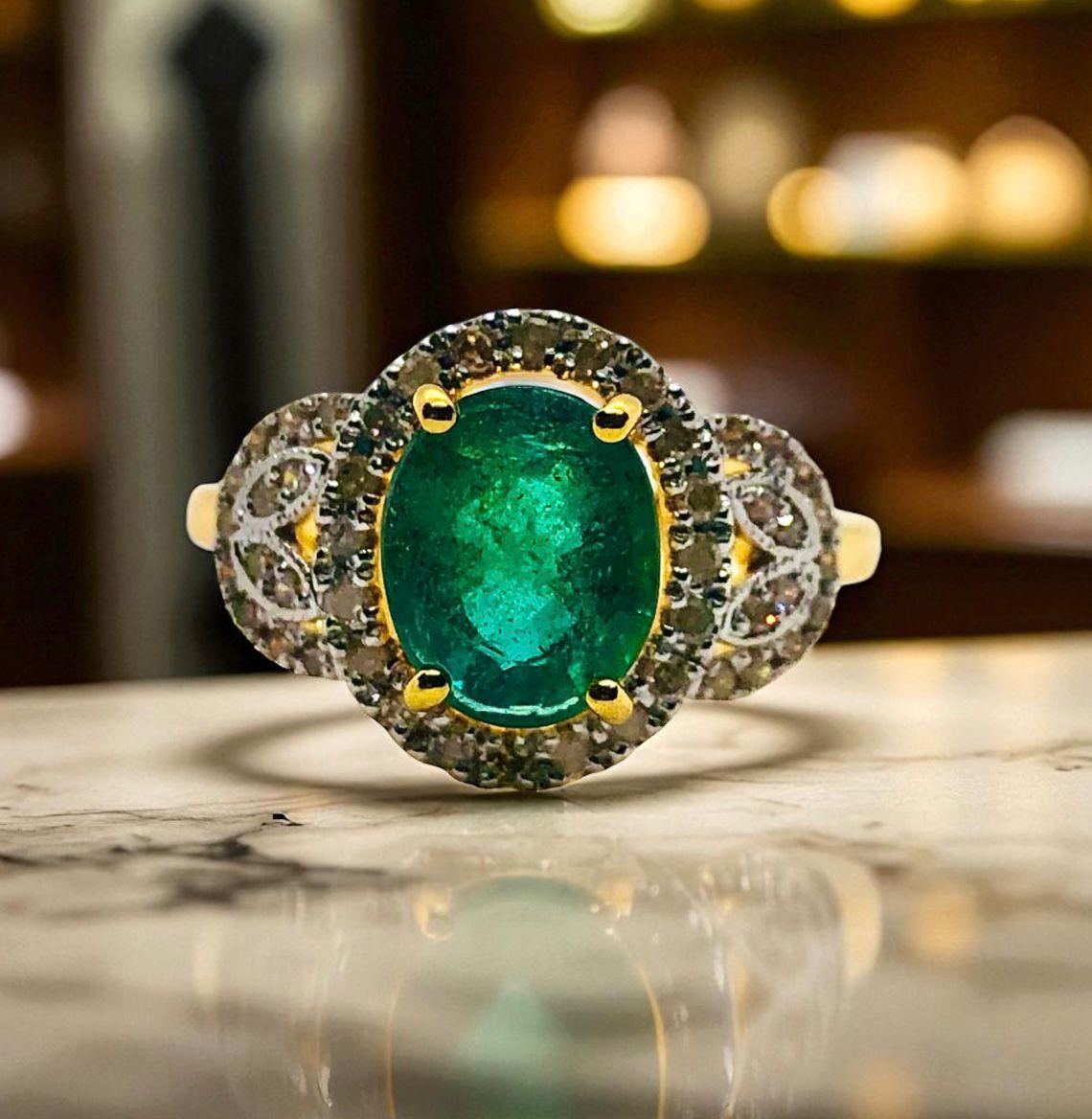 Bochic “Capri” Vintage Natural Diamond & Emerald Retro Ring Set In 18K Gold & Si