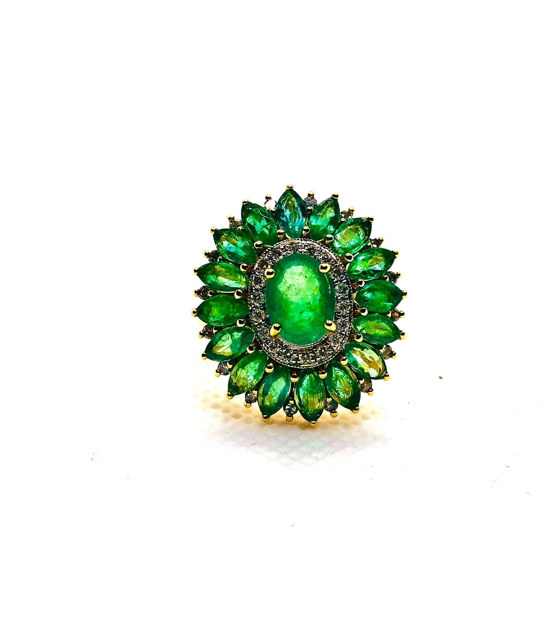 Anello vintage retrò con diamanti naturali e smeraldi di Bochic 