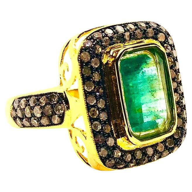 Bochic "Capri" Vintage Diamante Naturale e Smeraldo  Anello retrò vintage incastonato in 18 carati
